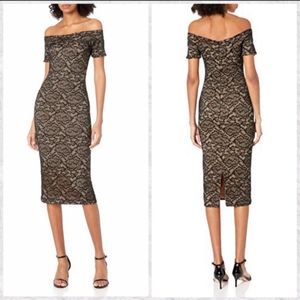 DRESS THE POPULATION BLACK LACE MIDI OFF THE SHOULDER SHEATH DRESS